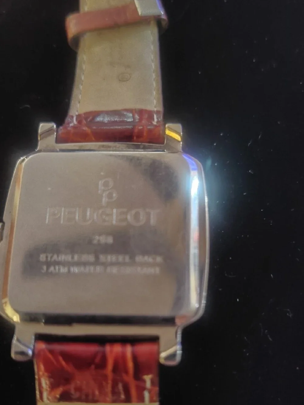 Peugeot Silver Square Dial Watch with Brown Leather. Needs Battery